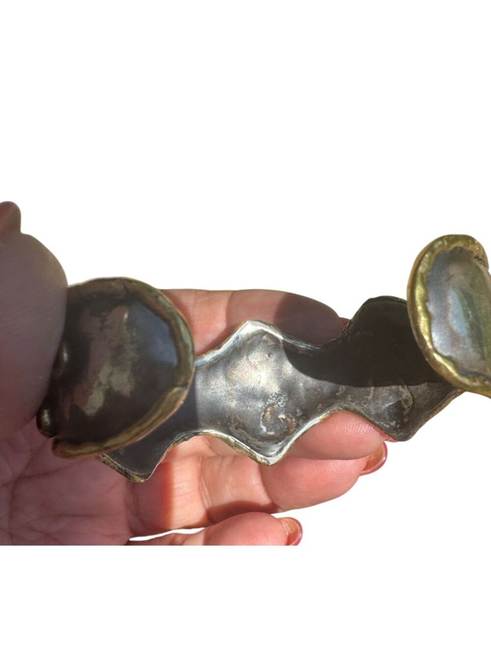 Vintage Mexican Modernist Brass Copper Stone Cuff Bracelet Artisan Boho 7" - Picture 8 of 8